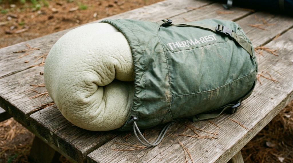 Expanding memory foam camping pillow coming out of a stuff sack.