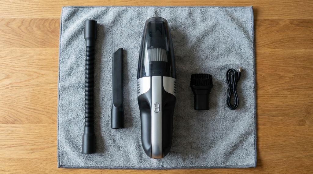 Handheld car vacuum nozzles laid out on a mat