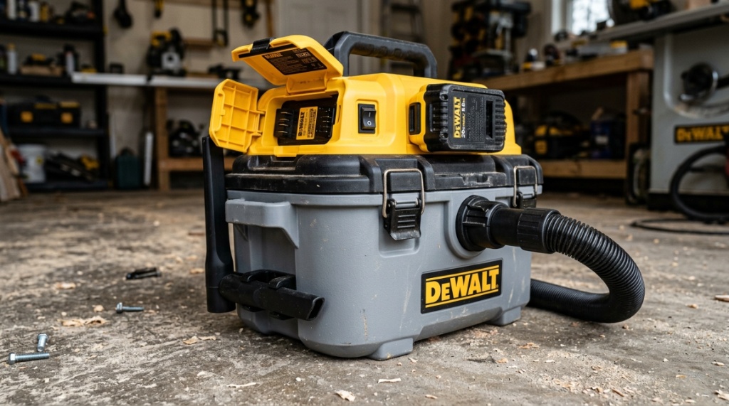 Close-up of DEWALT DCV581H vacuum features and hose attachment.