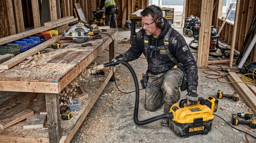 Contractor cleaning construction debris with DEWALT DCV581H vacuum on job site.