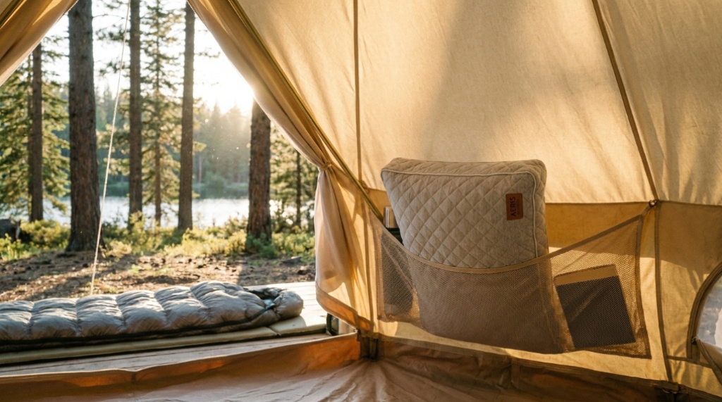 Memory foam camping pillow resting inside a tent near a sleeping bag.
