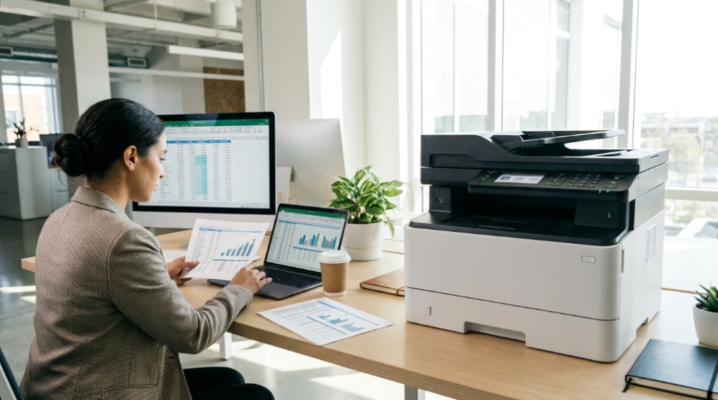 Worker retrieving documents from a modern office multi-function printer.