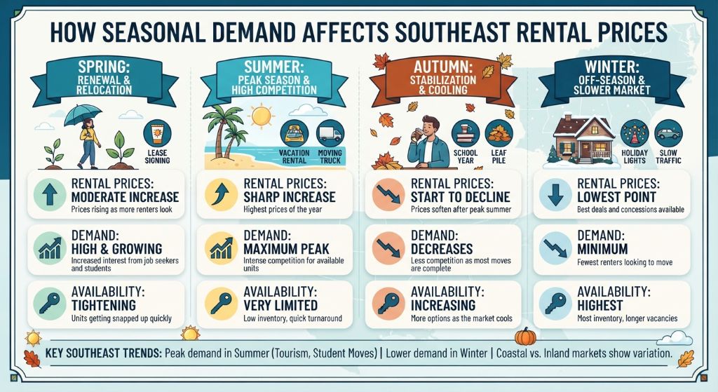 Southeast rental market showing seasonal changes in rental prices, housing demand, and property availability