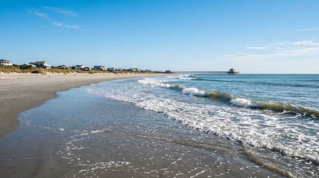 Calm ocean waves breaking on an empty South Carolina beach.