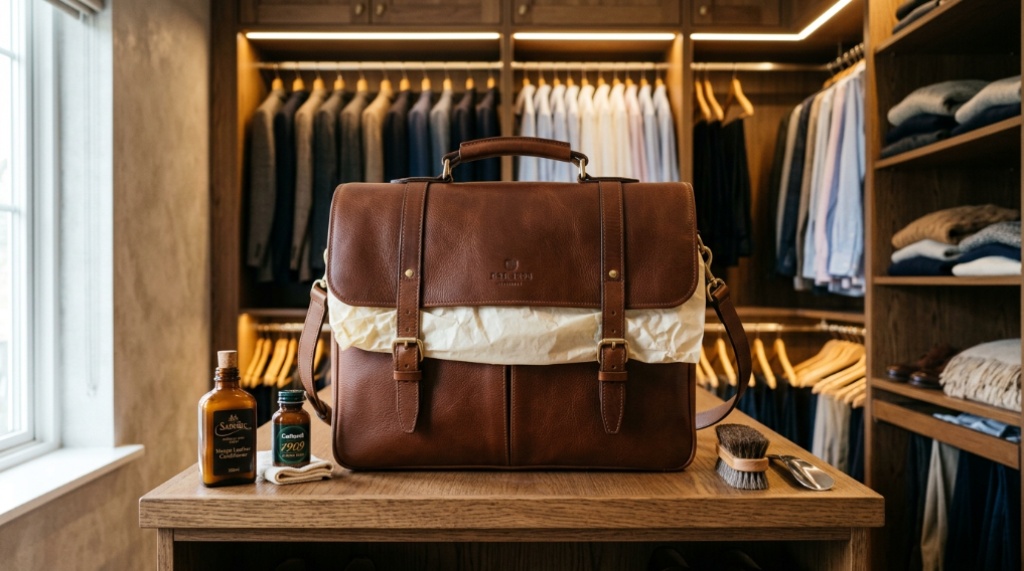 Hands filling a leather briefcase with tissue paper for shape retention.
